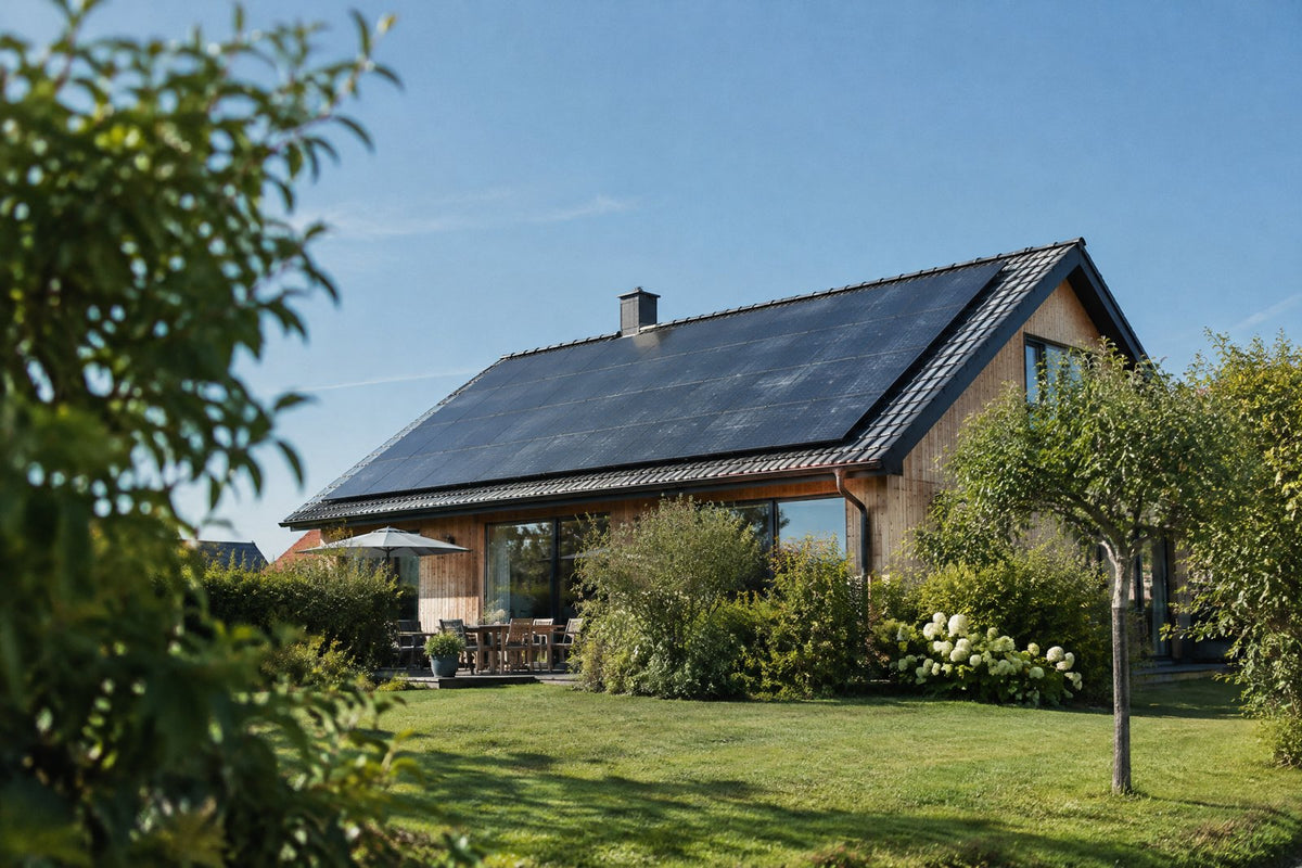 Sol og et batteri, der gemmer solcellestrøm