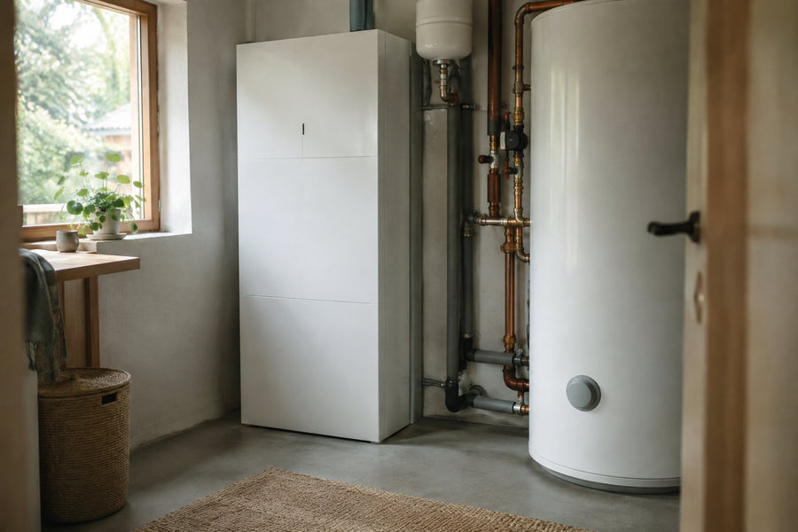 Varmepumpe og batteri side om side