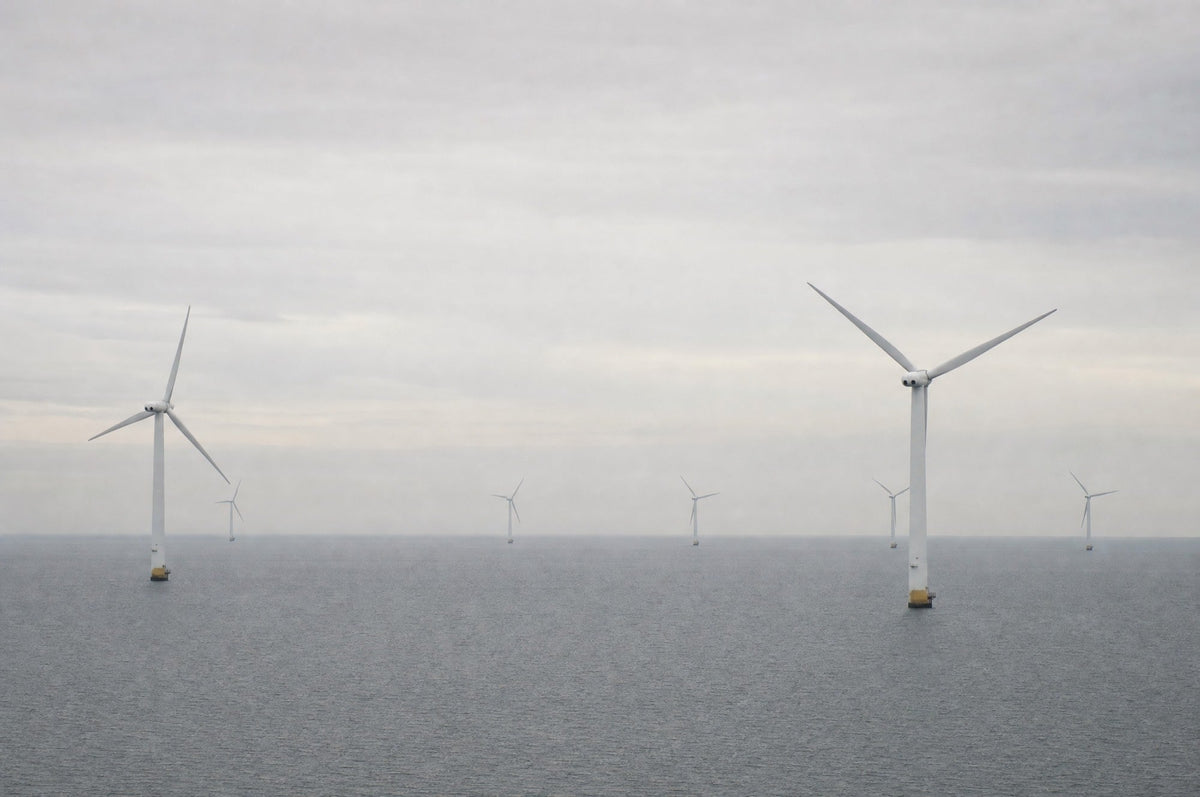 Vindmøller på havet en grå dag med fladt hav og tyndt, lyst skydække
