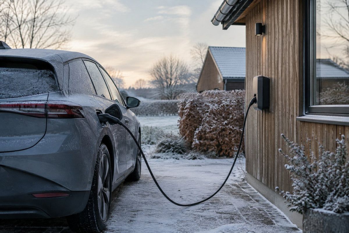 En almindelig elbil sat til en ladeboks ved et dansk hus en snedækket vintermorgen, ladekablet tilsluttet og rim på jorden i blødt koldt lys.