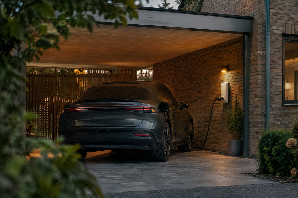 En moderne elbil i et dansk carport med væglader om aftenen, nummerpladen ikke synlig.