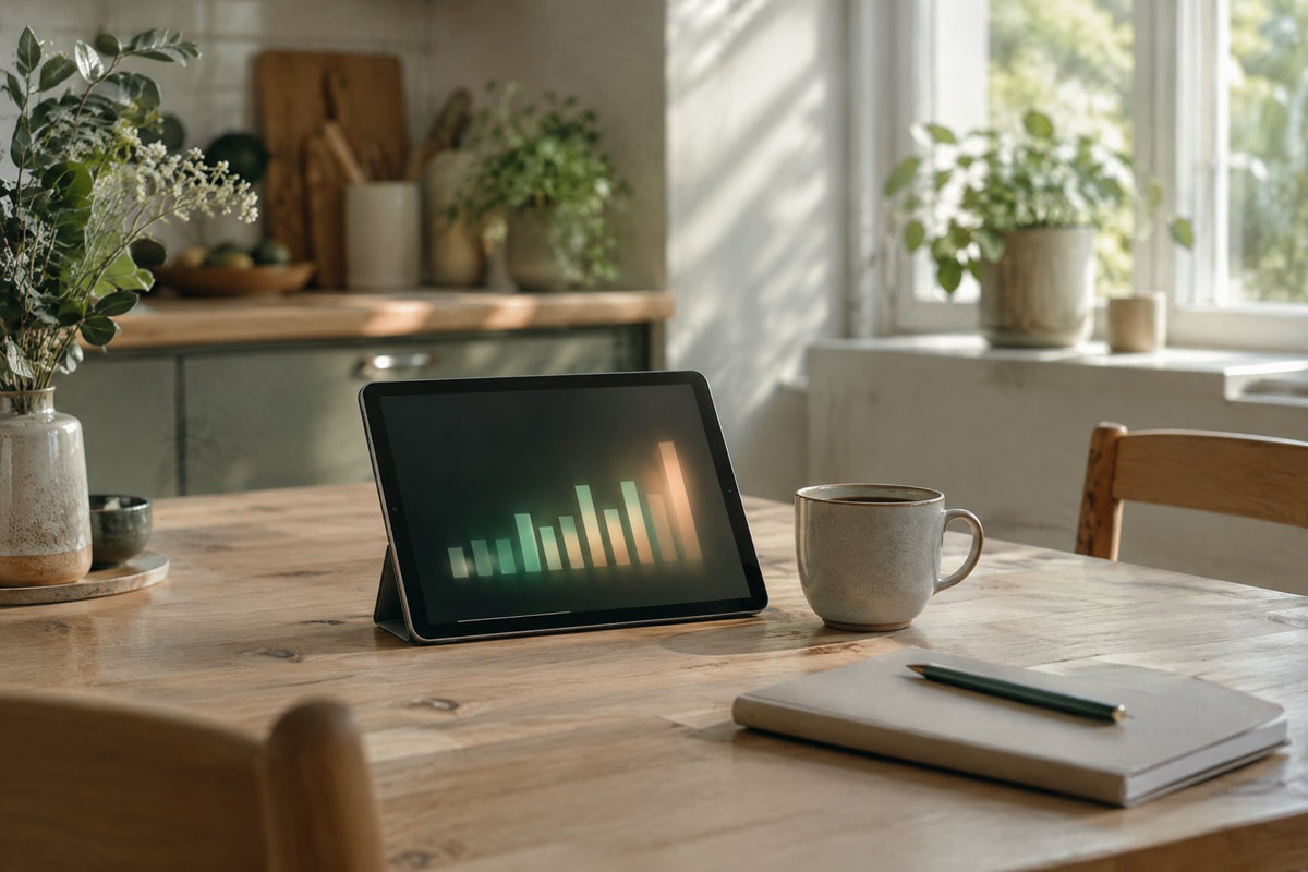 En tablet på et dansk køkkenbord med et abstrakt søjlediagram uden læsbar tekst ved siden af en kop kaffe og en notesbog i morgenlys.