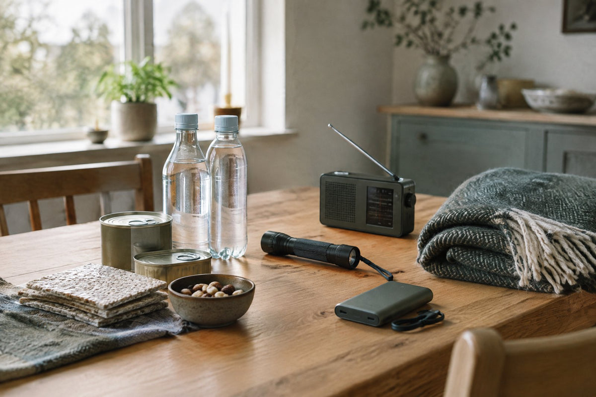 Et køkkenbord med vand på flaske, konserves, knækbrød, en lommelygte, en batteriradio, et tæppe og en powerbank.