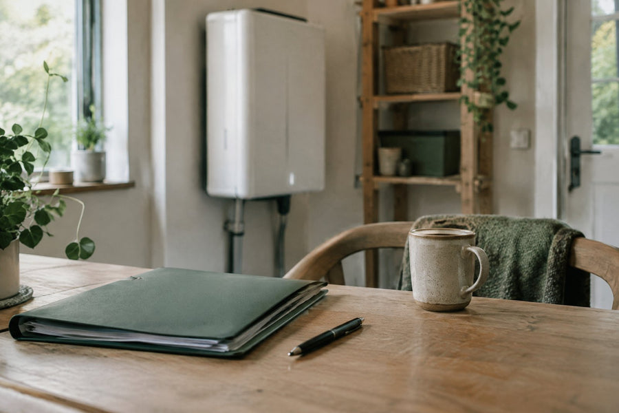 Et køkkenbord med en mappe med dokumenter, en kuglepen og en kaffekop og et hvidt hjemmebatteri sløret i baggrunden.