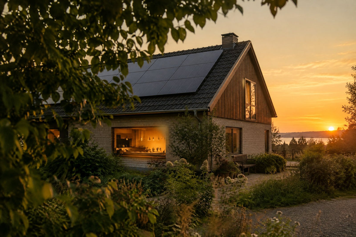 Sol, batteri og hus: batteriet lader om dagen og leverer om aftenen