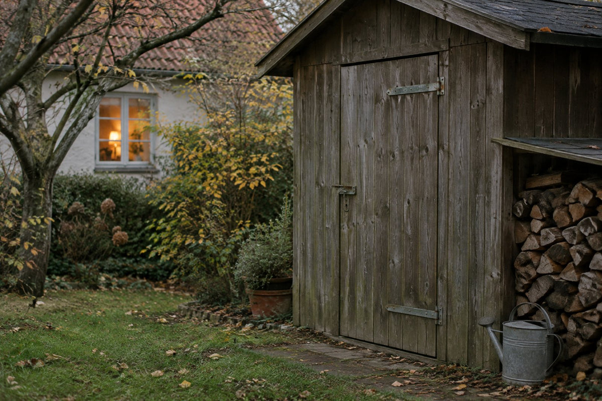 Et lukket brunt havehus i en dansk have en efterårsdag med brænde og en vandkande, og et oplyst vindue i huset i baggrunden.