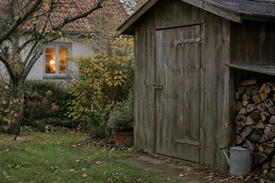 Et lukket brunt havehus i en dansk have en efterårsdag med brænde og en vandkande, og et oplyst vindue i huset i baggrunden.
