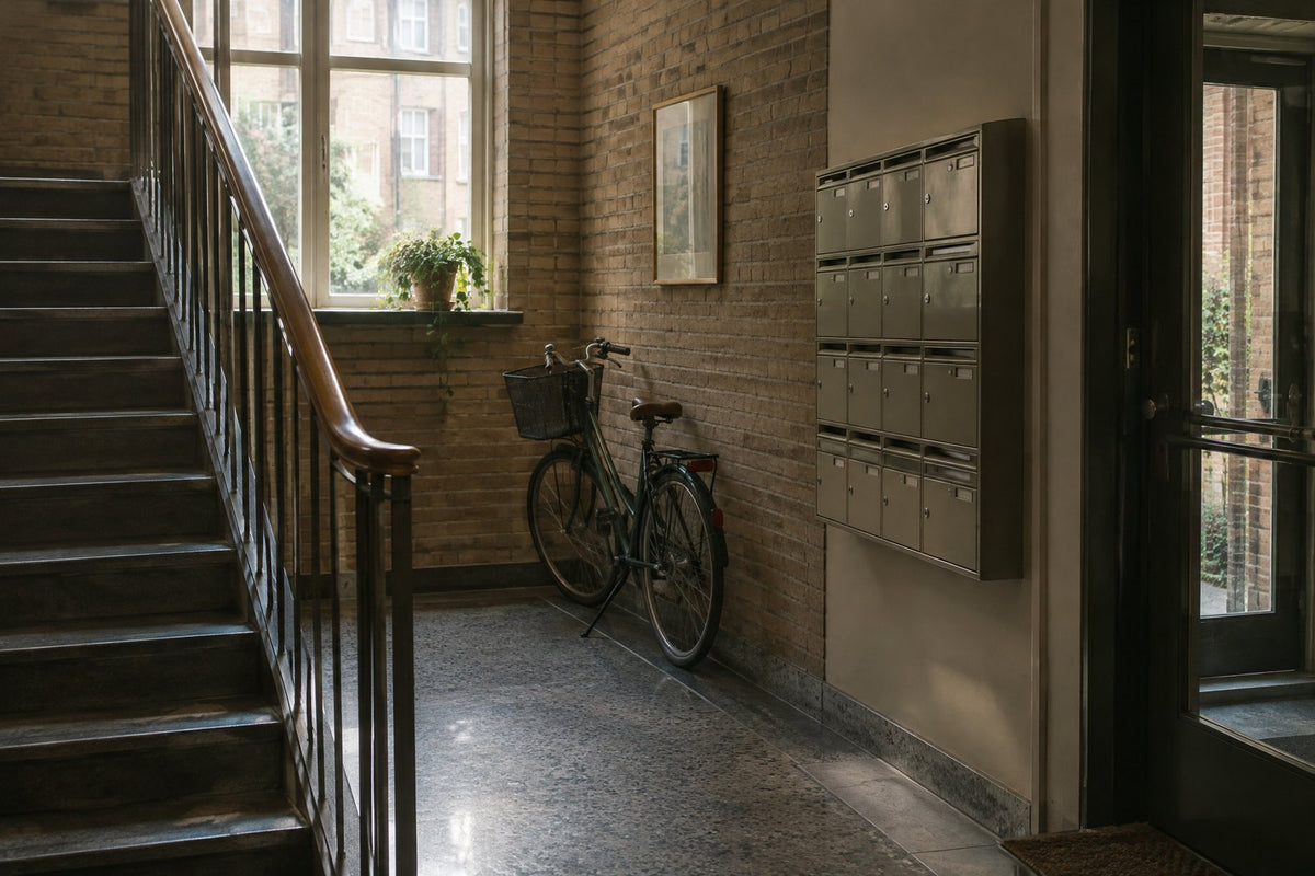 Opgang i en dansk murstensejendom med postkasser og en cykel ved væggen.