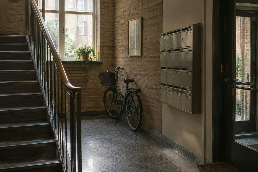 Opgang i en dansk murstensejendom med postkasser og en cykel ved væggen.