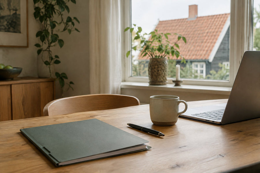 Et køkkenbord med en forsikringsmappe, en kuglepen, en kaffekop og en bærbar computer ved et vindue mod et dansk tegltag.