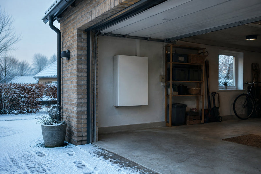 Murstensgarage med let sne udenfor og en hvid batteriboks på væggen indenfor i koldt morgenlys.