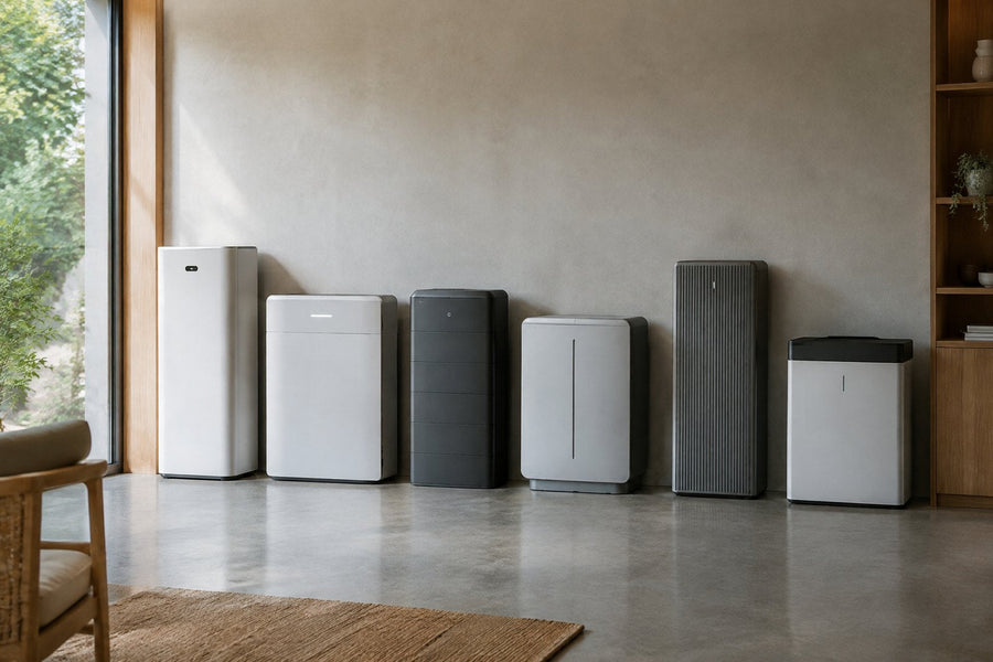 Seks forskellige hjemmebatterier uden mærker stillet op ved siden af hinanden på et rent betongulv i dagslys.