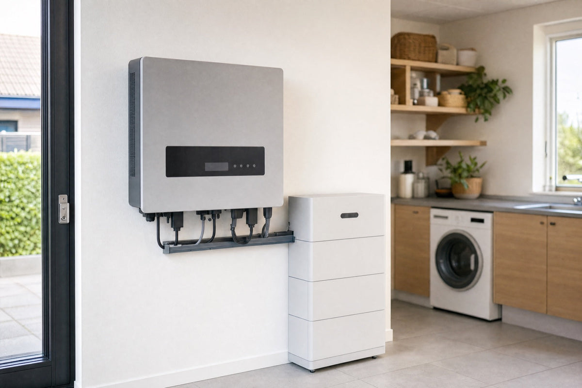 En grå hybrid-inverter hænger på en hvid væg i et lyst dansk bryggers med et hvidt hjemmebatteri ved siden af. Kablerne går ned i en kabelkanal.