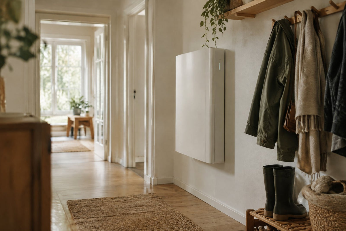 Sol, batteri og hus: batteriet lader om dagen og leverer om aftenen