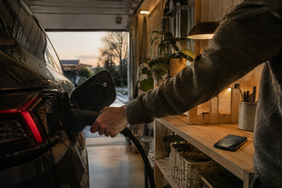En hånd, der sætter et ladekabel i en elbil i en dansk garage om aftenen i varmt lys.