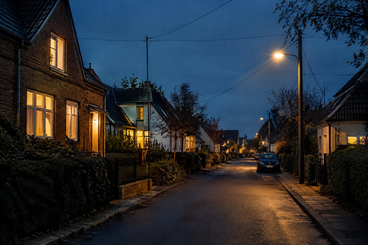 En stille dansk villavej i skumringen med lys i alle vinduer og en tændt gadelygte under luftledninger.