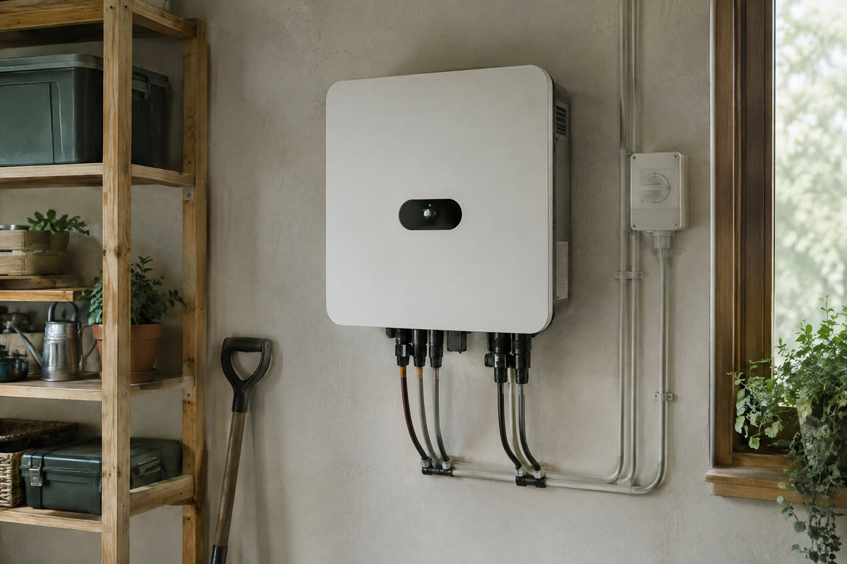 Solceller, hybrid-inverter, batteri og hus i ét diagram
