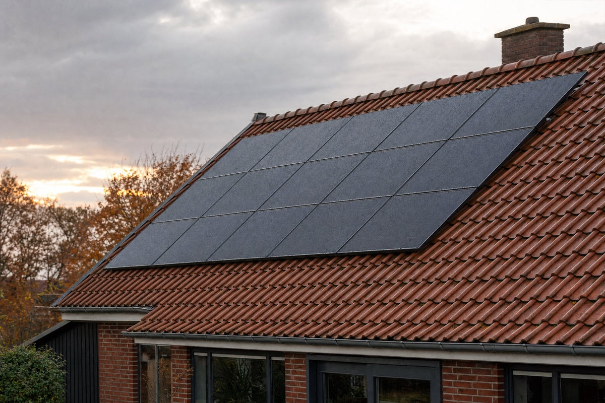 Solcellepaneler på et muret hus med røde teglsten en overskyet sen eftermiddag i oktober med efterårsfarvede træer i baggrunden