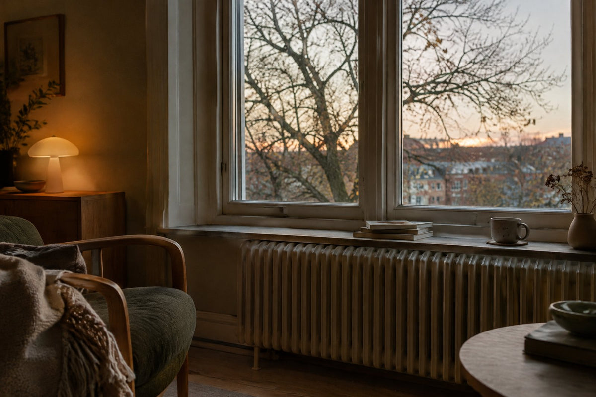 En radiator under et vindue i en rolig dansk stue en efterårsaften med en kop te ved siden af og et nøgent træ udenfor.
