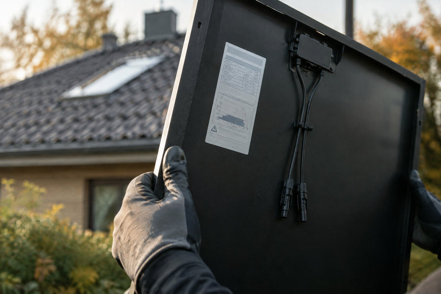 Et mørkt solpanel set bagfra i hænderne på en montør med handsker, med et dansk hustag i baggrunden.