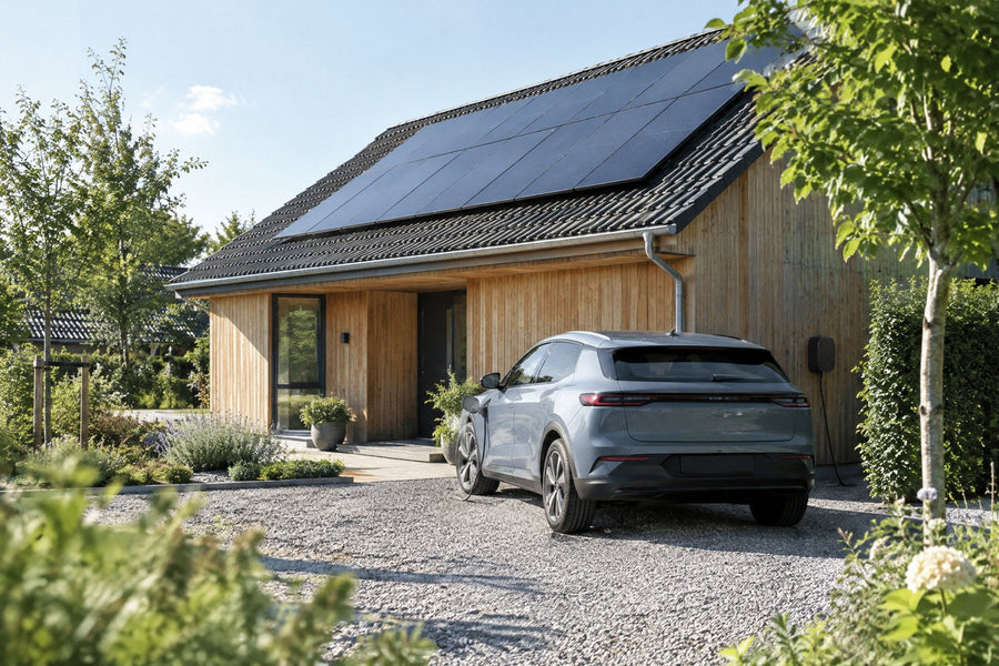 Et dansk hus med solpaneler på taget og en elbil, der lader ved en væglader i indkørslen i middagslys.