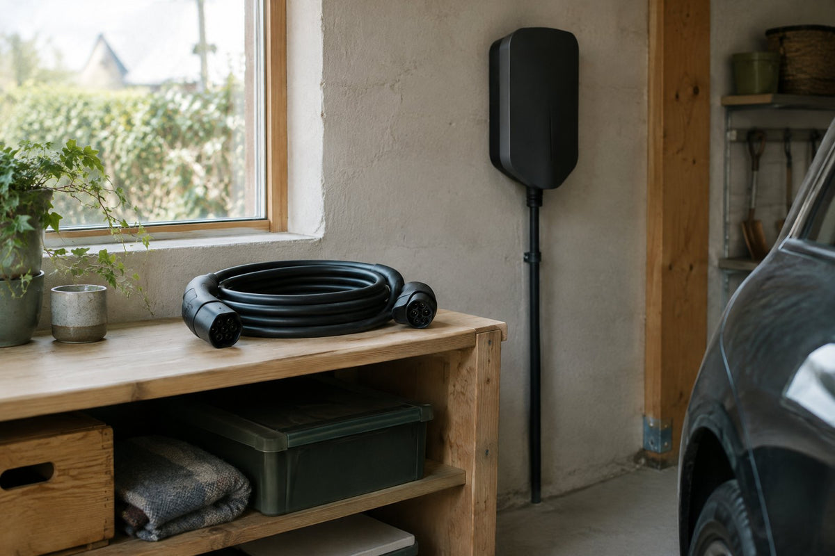 Et sort Type 2-ladekabel foldet på en træhylde i en dansk garage ved siden af en væghængt ladeboks.