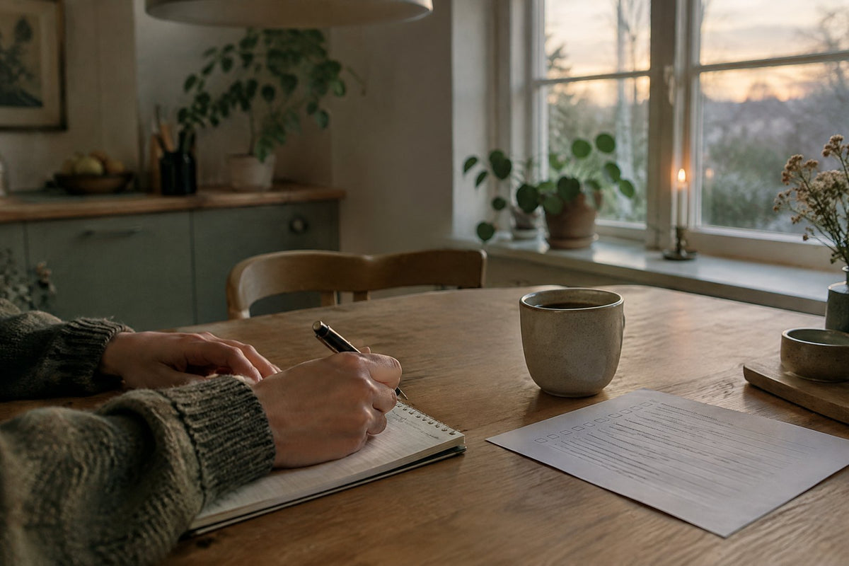 Et køkkenbord i et dansk hjem med en notesblok, en kuglepen, en tjekliste og en kop kaffe, mens aftenlyset falder gennem vinduet.