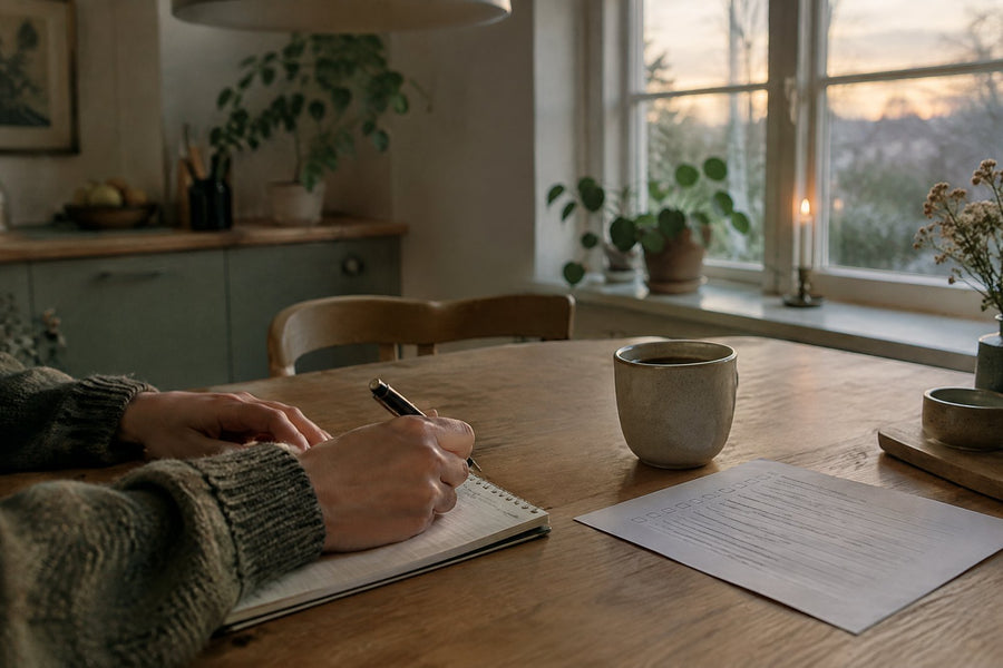 Et køkkenbord i et dansk hjem med en notesblok, en kuglepen, en tjekliste og en kop kaffe, mens aftenlyset falder gennem vinduet.