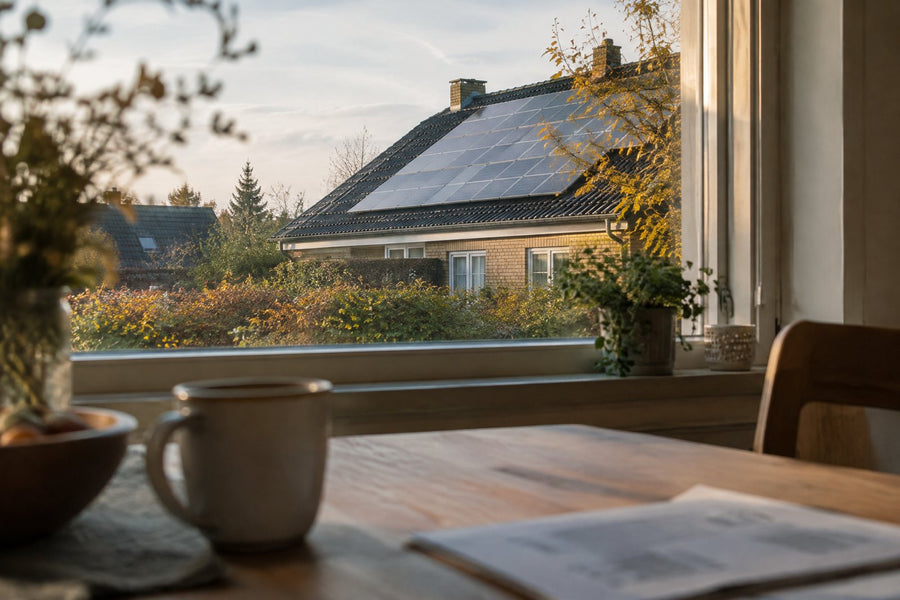 Tagflade med solpaneler på en dansk villa i efterårslys og et køkkenbord med en kaffekop og en regning i forgrunden.