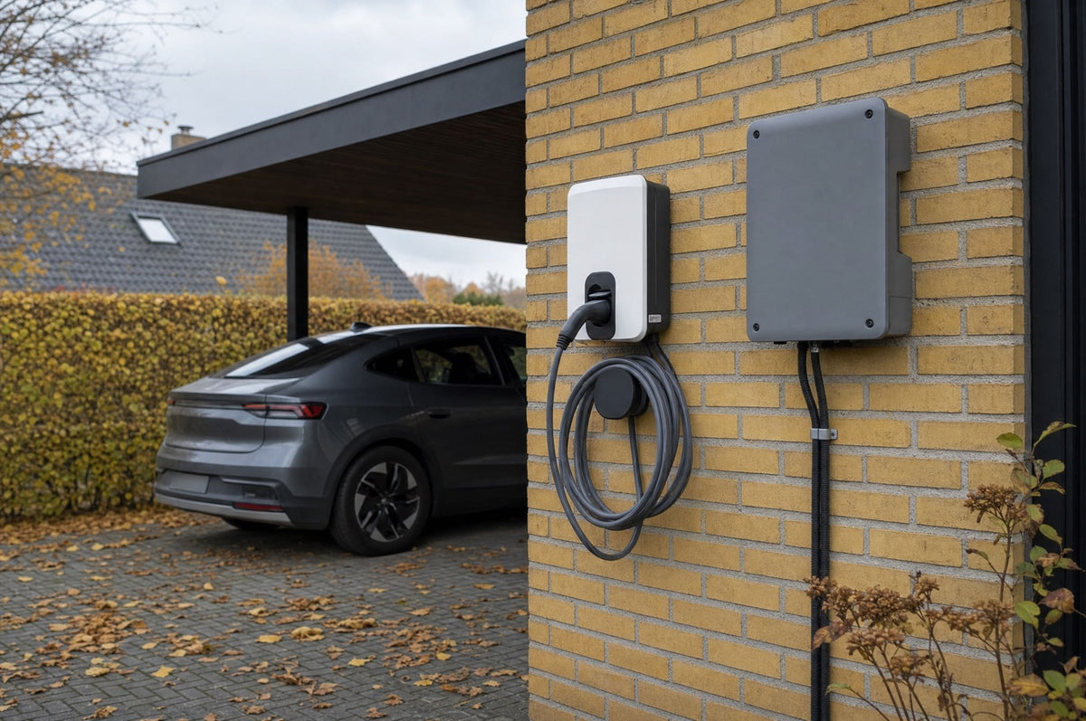 Hvid ladeboks med kabel og en grå kasse på samme gule murstensvæg ved en carport en efterårsdag, med en grå elbil i baggrunden
