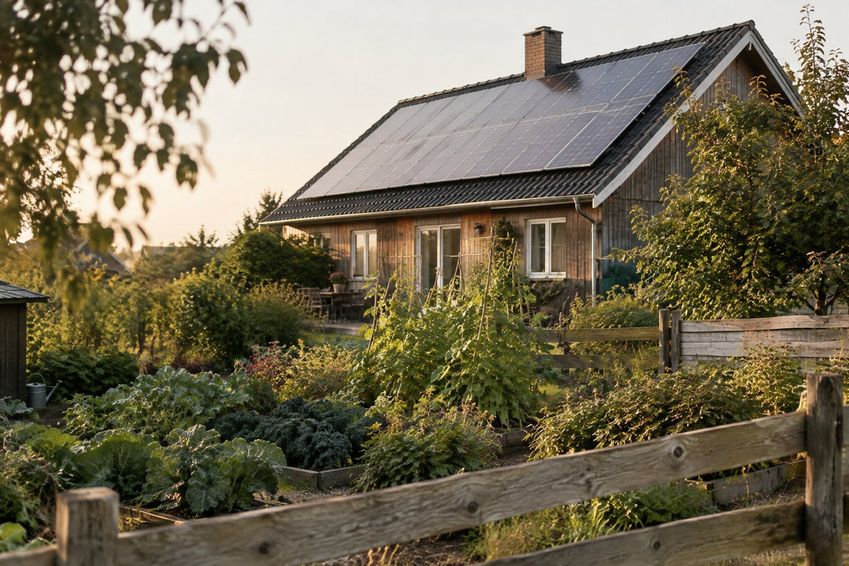 Et dansk hus med solceller på taget og en køkkenhave foran, i gyldent sensommerlys.