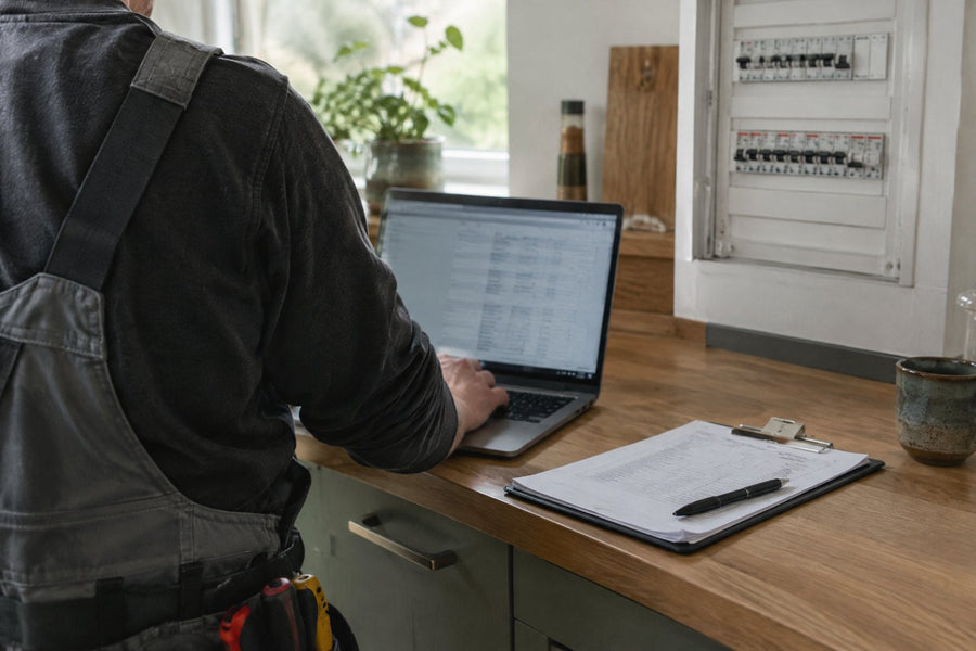 Elinstallatør set bagfra ved en bærbar computer og en blok med papirer på et køkkenbord ved siden af en gruppetavle.