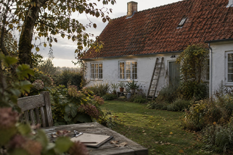 Et dansk hus med et gammelt rødt tegltag set fra haven, en træstige mod væggen og en clipboard på et havebord.