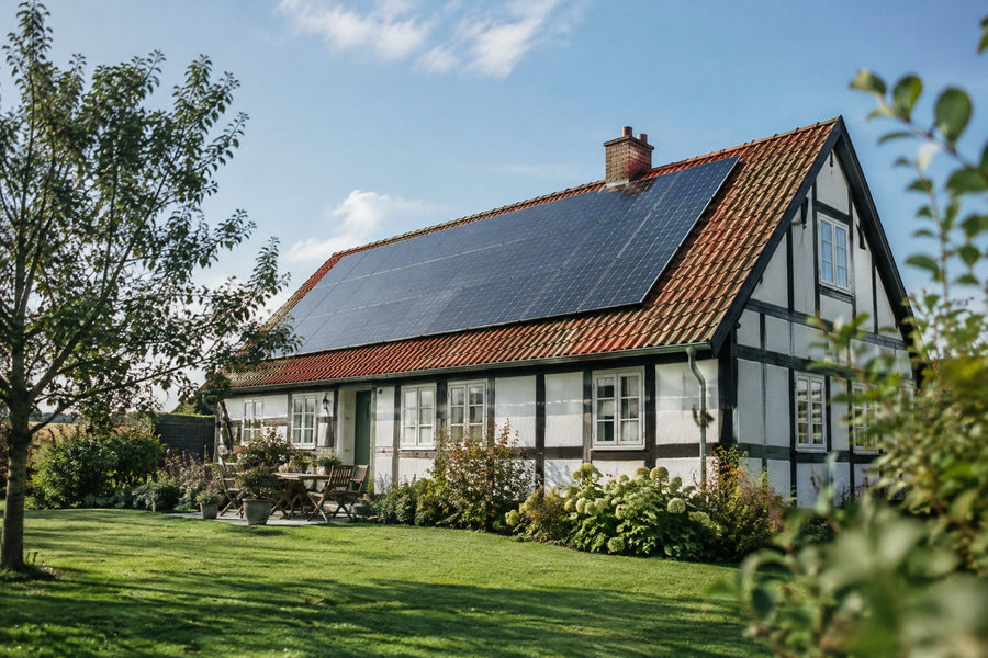 Glas med mønter og et lille solpanel i en solbeskinnet vindueskarm