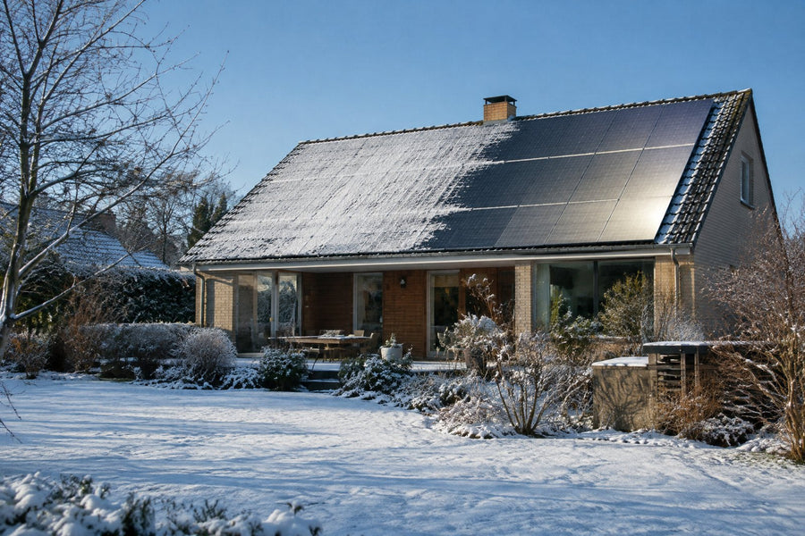 Et dansk parcelhus med solceller på sydtaget en klar vintermorgen med et tyndt lag sne på den ene halvdel af panelerne og blå himmel, set fra haven.