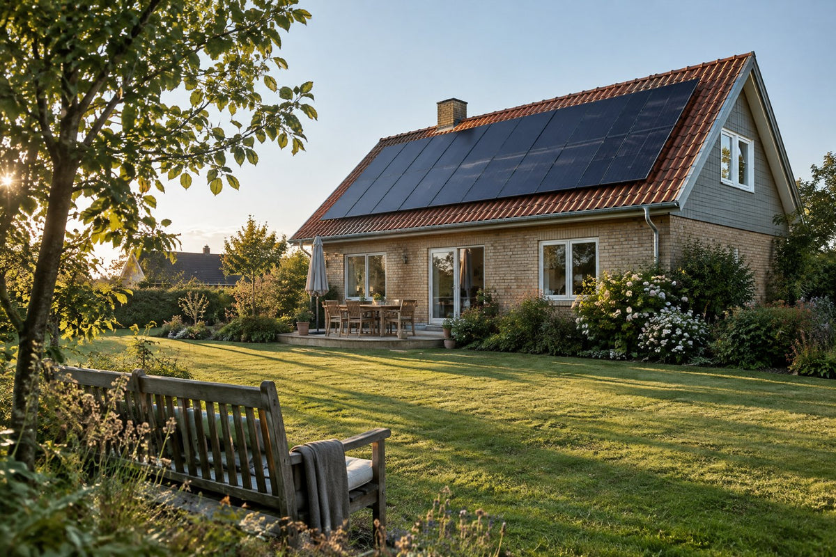 Et dansk hus i gule mursten med mørke solpaneler på det røde tegltag, set fra en græsplæne med en havebænk i lavt eftermiddagslys.