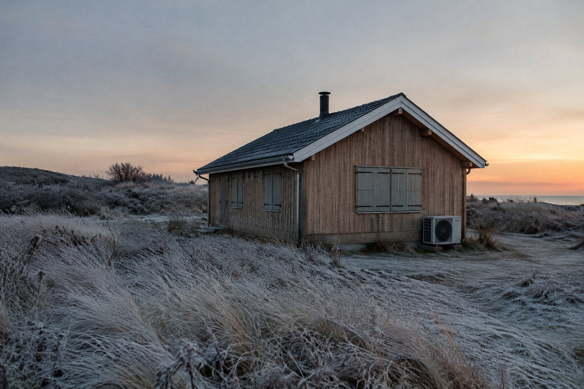 Et lille dansk sommerhus i træ i et frostigt vinterlandskab ved skumring med lukkede skodder, rimfrost på græsset og en udendørs varmepumpe ved gavlen.