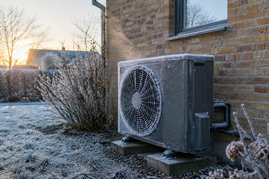 En udendørs luft til vand-varmepumpe på en dansk murstensvæg i hård frost med hvid rimfrost på gitteret og en smule damp en kold daggry.
