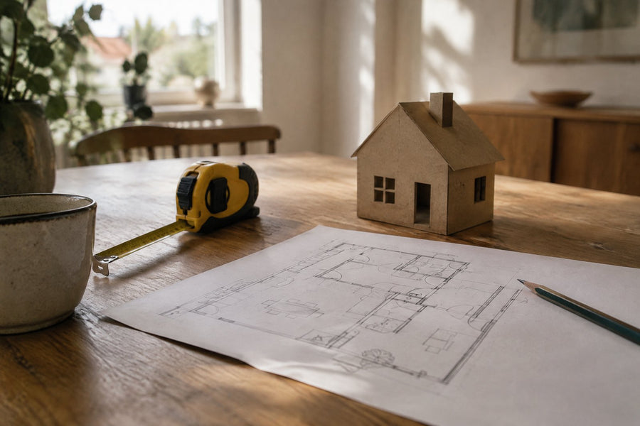 Et bord med en håndtegnet plantegning af et hus, en lille papmodel af et hus, et målebånd og en blyant i varmt vinduslys i et dansk hjem.