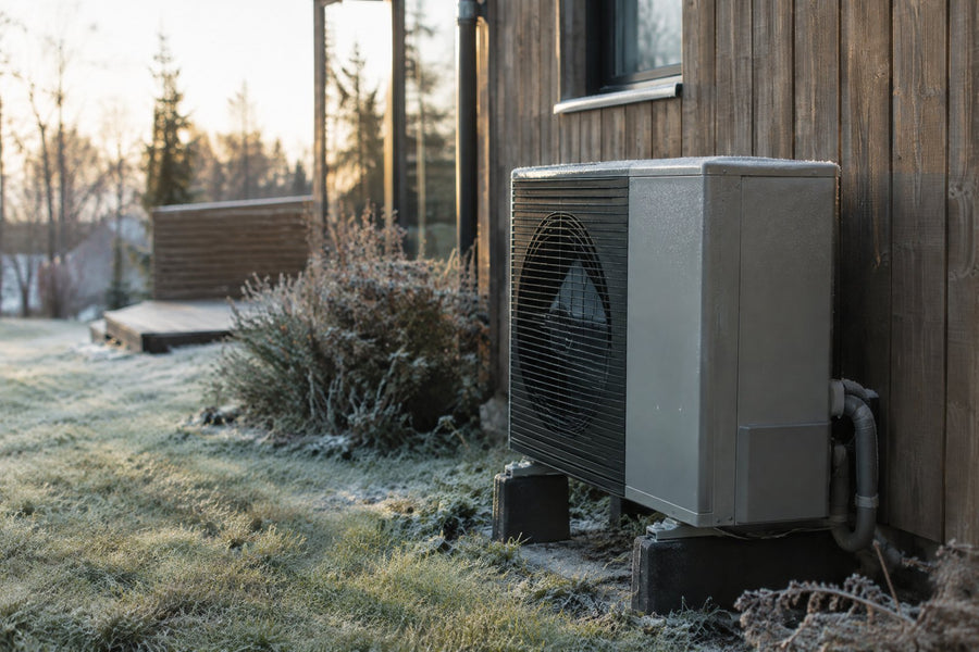 Luft til vand-varmepumpe ved et gult murstenshus en frostklar vintermorgen