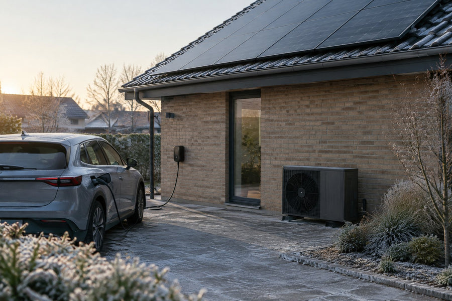 En dansk indkørsel en klar frostmorgen med en elbil på ladeboks, en varmepumpe ved husets mur og solceller på taget, set i blødt vinterlys.