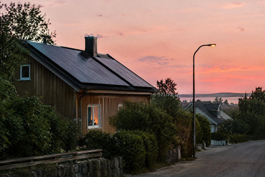 Mørk villavej i skumringen med solceller på taget af et parcelhus