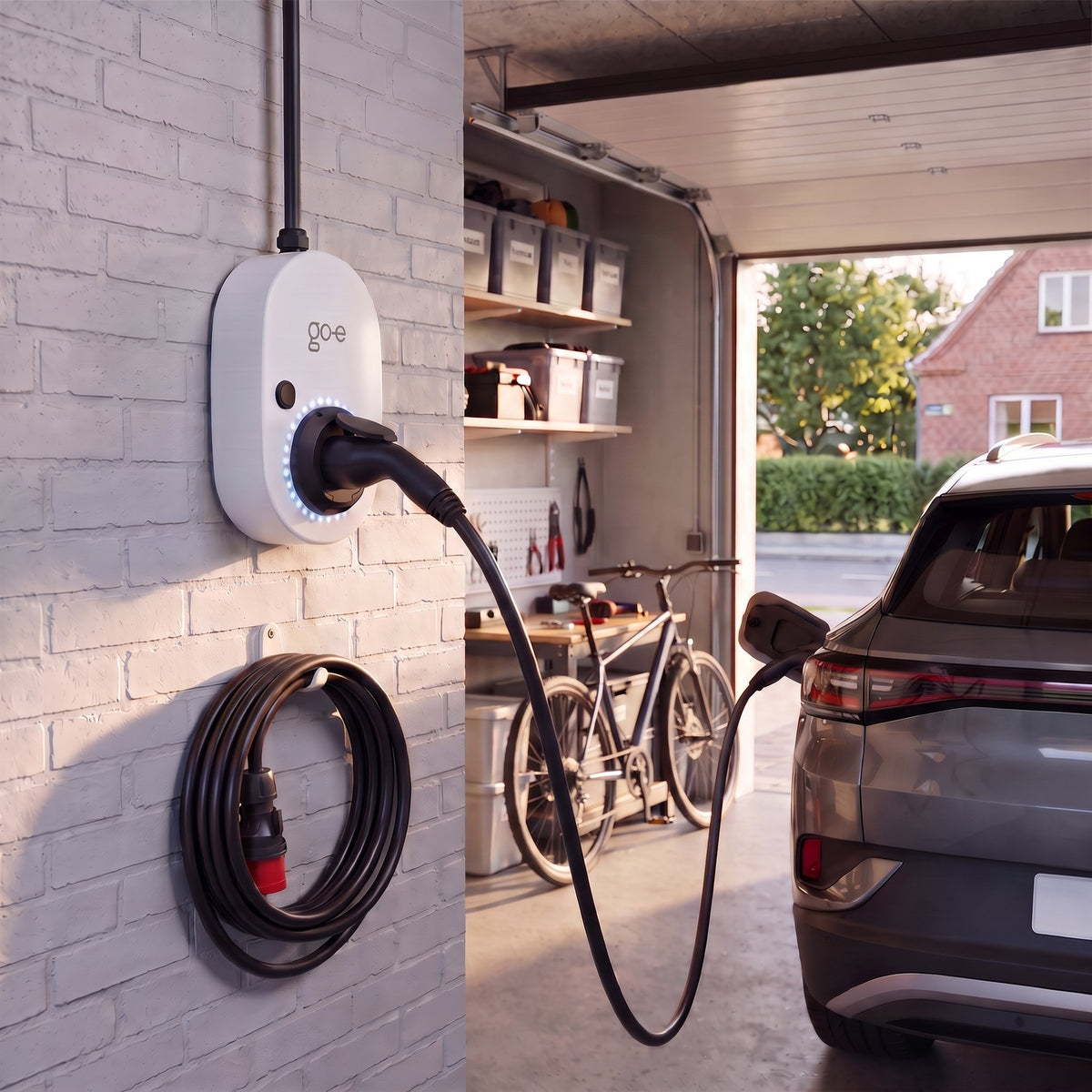 go-e Charger Gemini flex 2.0 monteret i garage, mens den lader en elbil