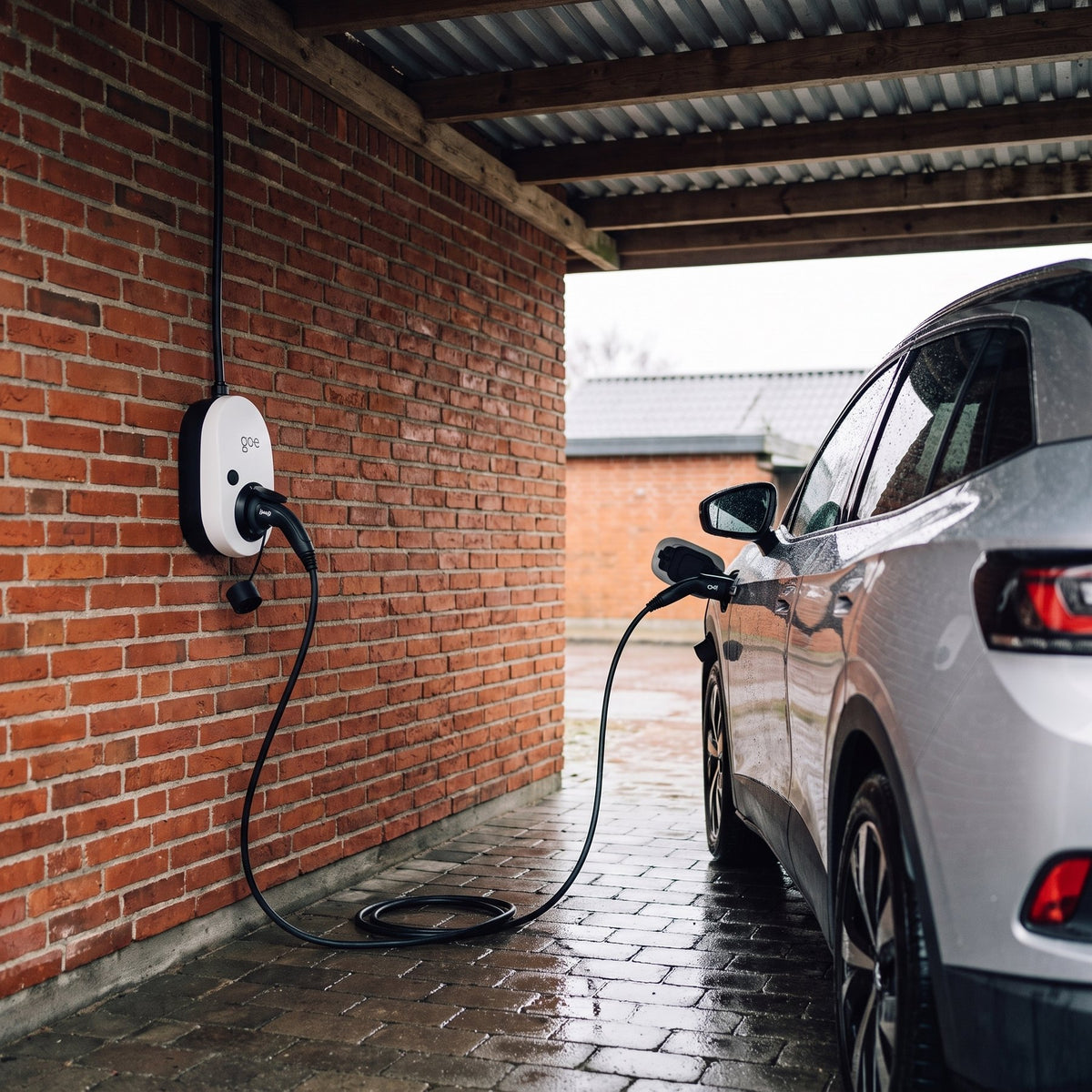 go-e Charger Gemini 2.0 på murstensvæg i carport, mens den lader en elbil