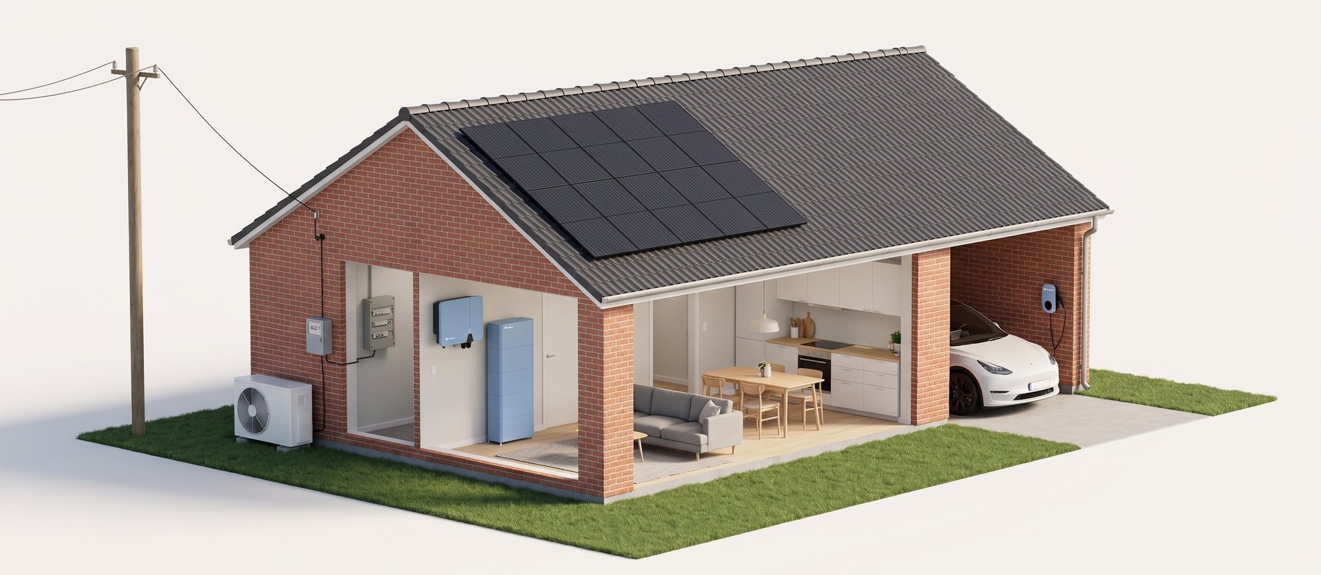 Illustration af et dansk hus med solceller, hybridinverter, hjemmebatteri, eltavle, elmåler, varmepumpe og elbil med lader