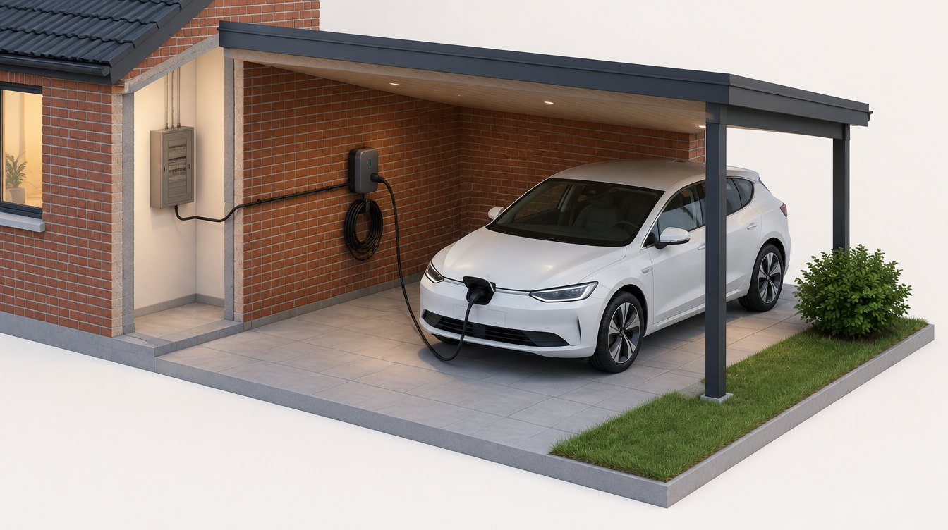 Ladeboks på væggen i en carport med kabel fra husets eltavle og en elbil, der lader