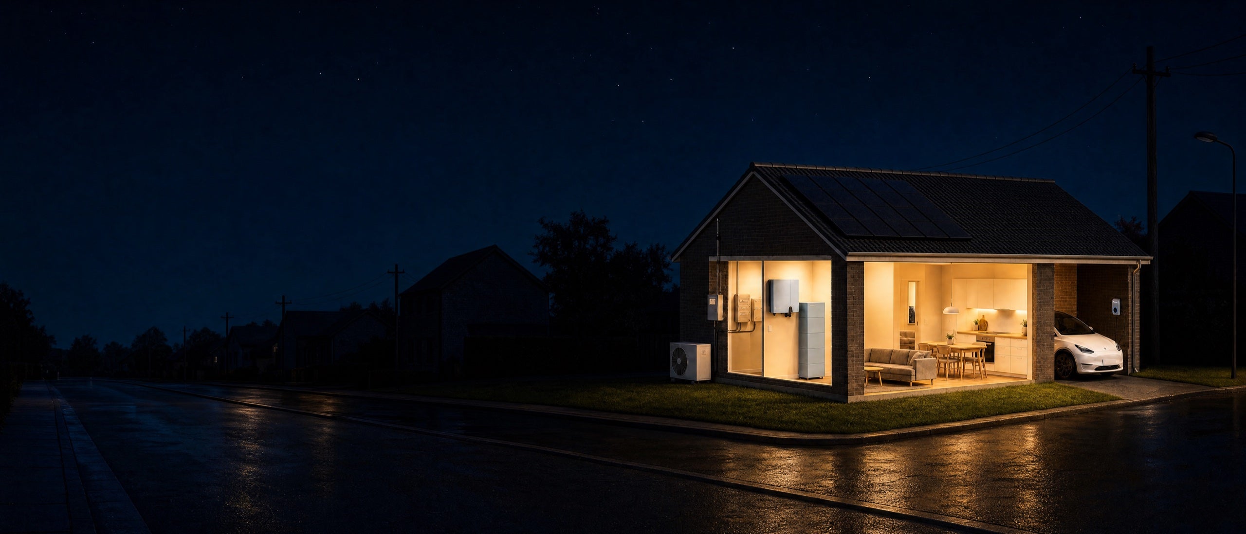 En mørk villavej under strømsvigt. Kun ét hus lyser, fordi det kører på sit batteri.