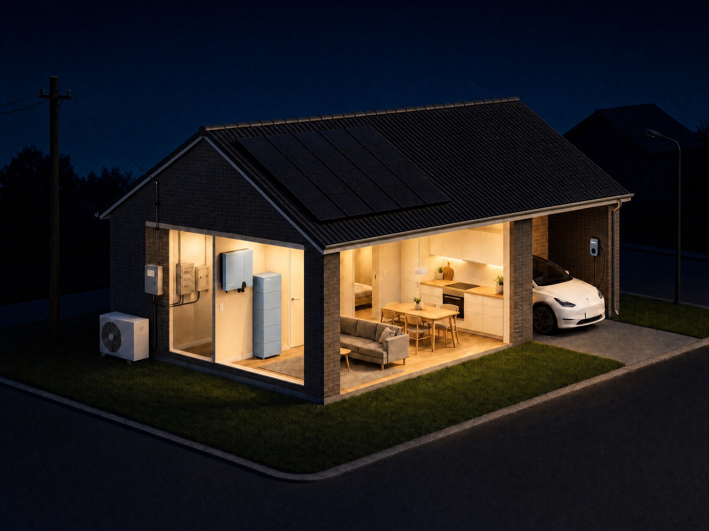 Løsning B på batteriet: hele huset er tændt, mens gaden er mørk.
