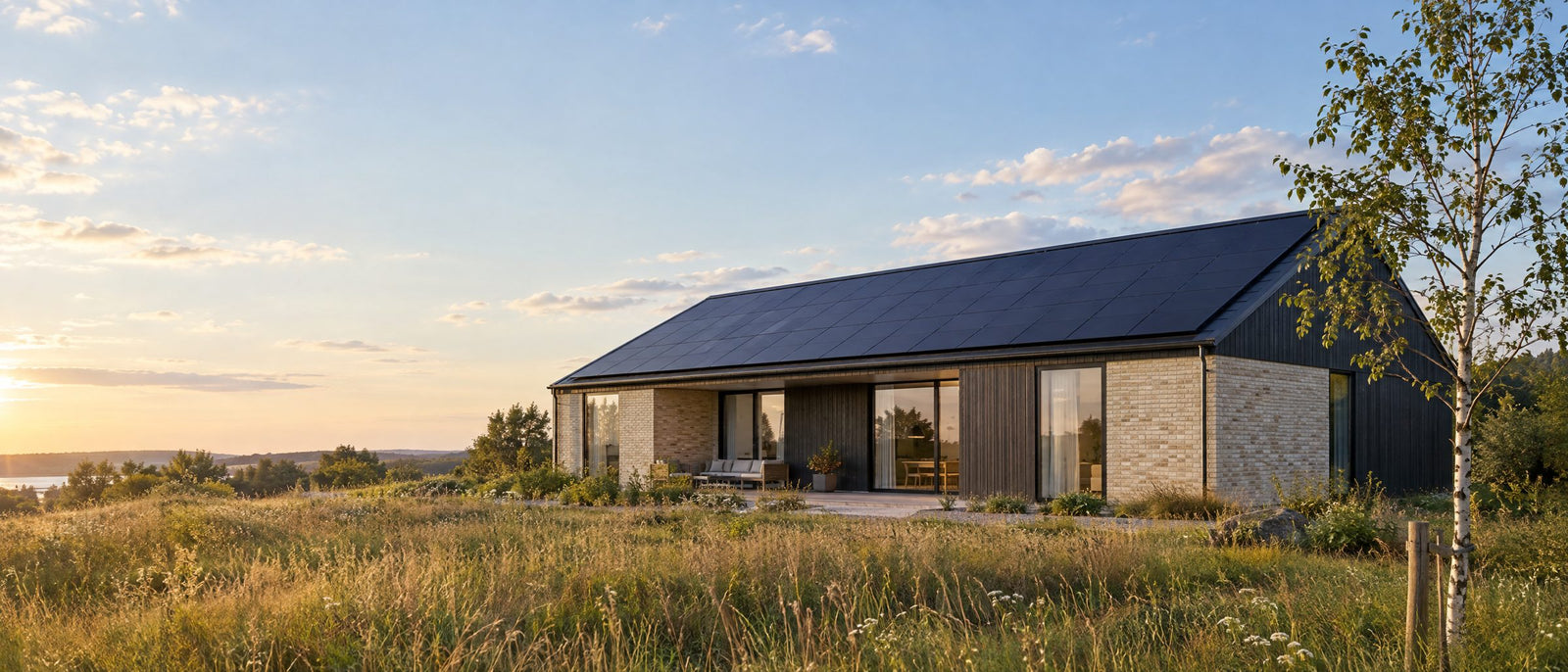 Dansk hus med sorte solceller på taget i eftermiddagssol