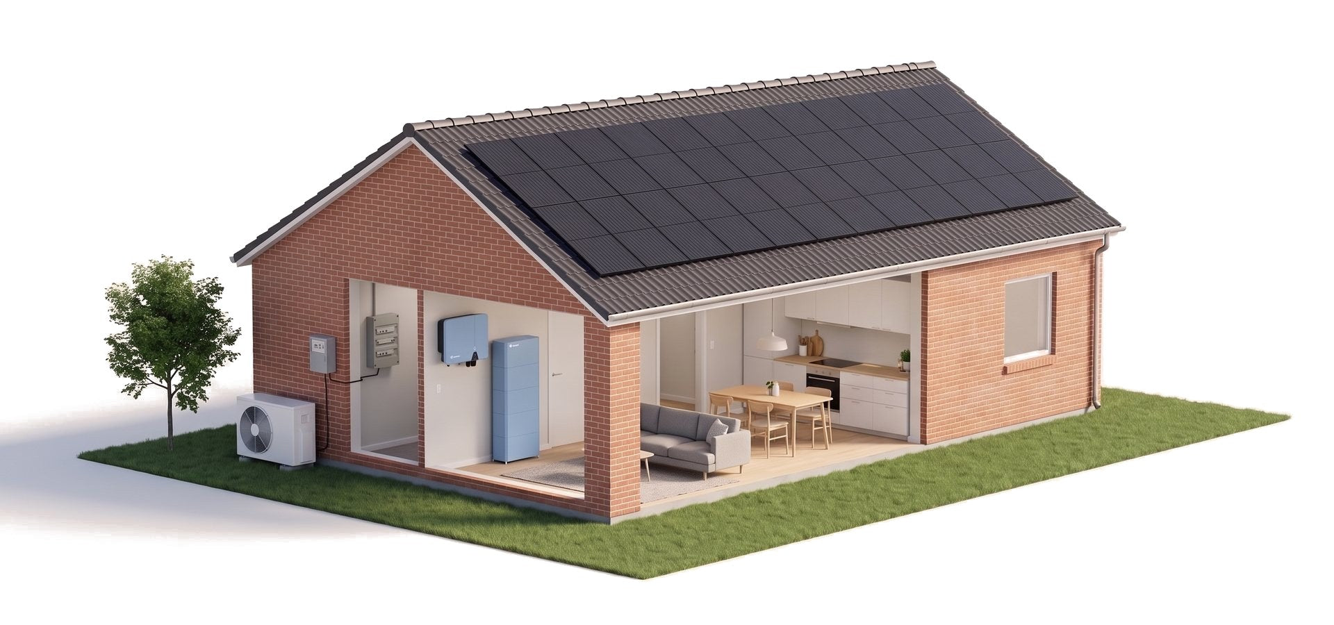 Illustration af et dansk hus med sorte solceller på taget, hybridinverter og hjemmebatteri i bryggerset